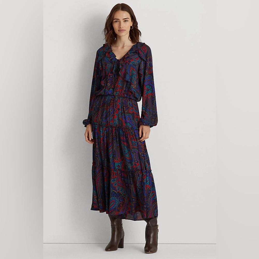 Ralph Lauren Women's Paisley Georgette Tiered Long Sleeve Midi Dress Size 2